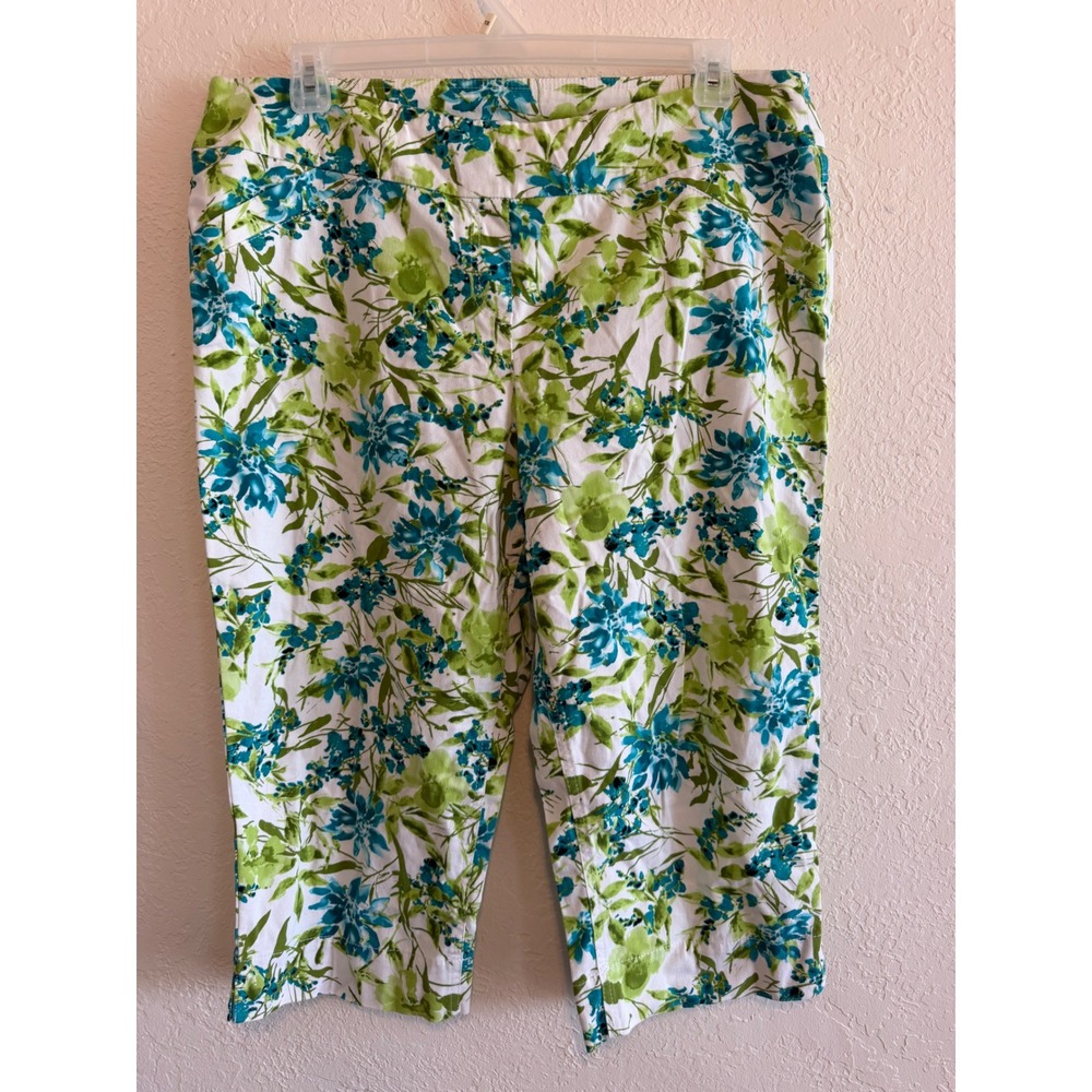 Westbound Women 16 Floral Capri Pants Green Blue White Stretch Cropped Trousers